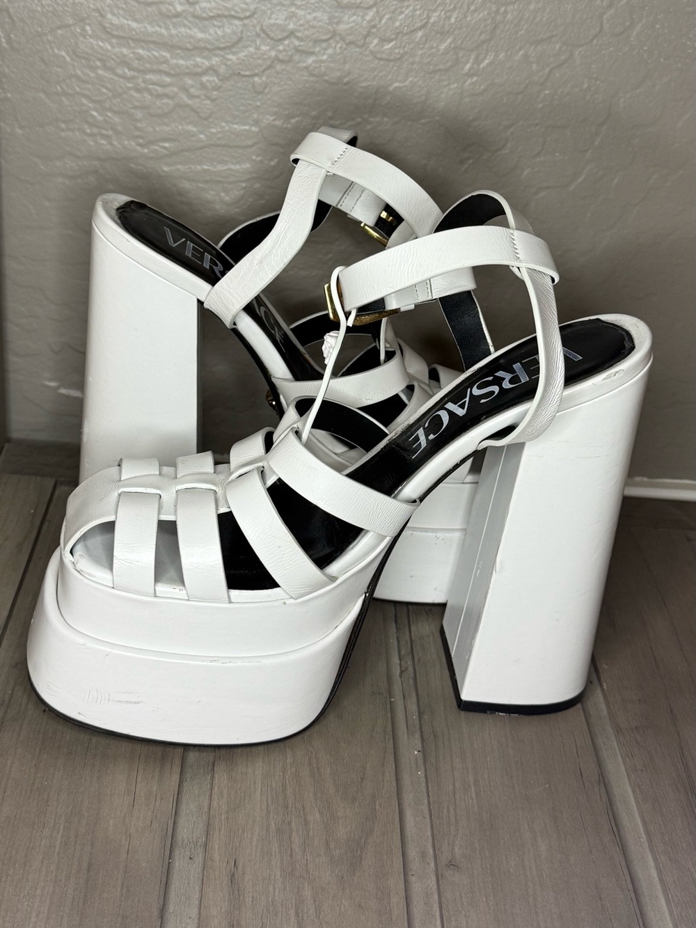Versace White High Block Platform Strappy Sandals